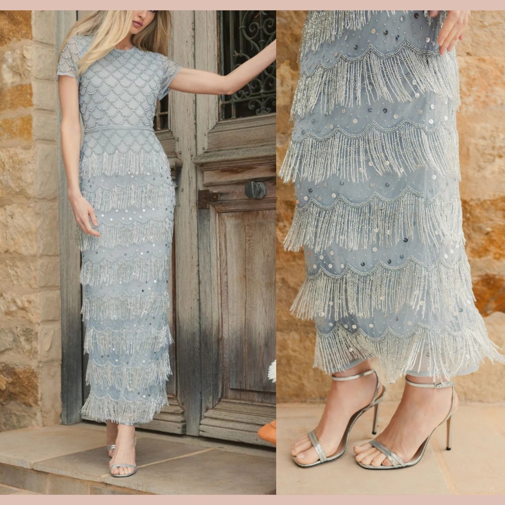 NWT Mac Duggal [ 6‎ ] 94077 Fringe Embellished Mesh Ankle Length DressJ1927
